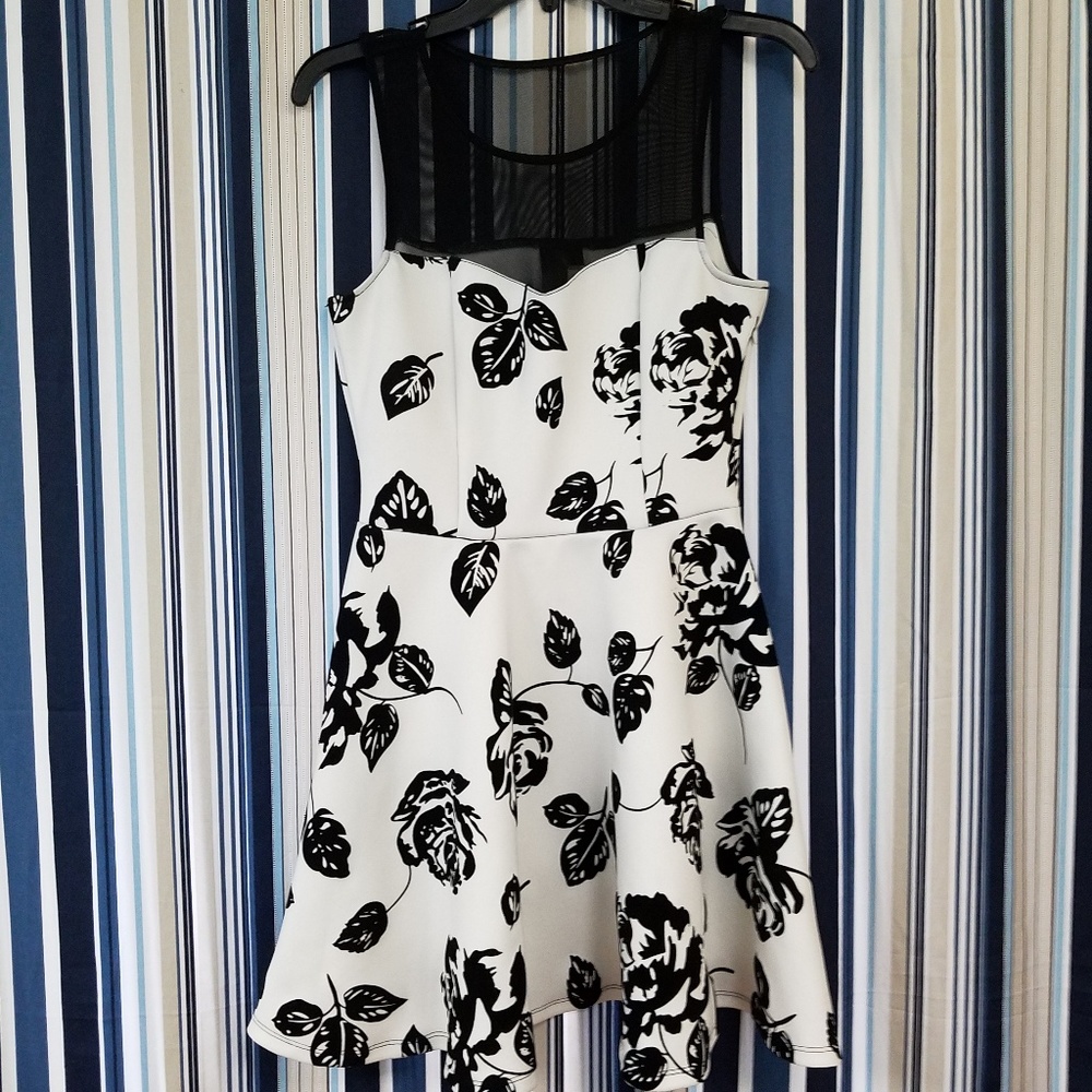 Dress. White w/ Black Flowers and Sheer Top.